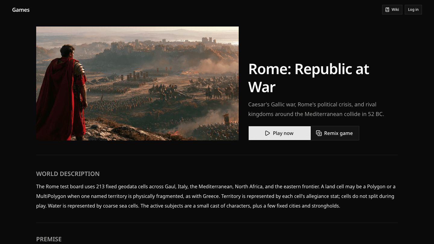 Rome: Republic at War game page with Play now and Remix game