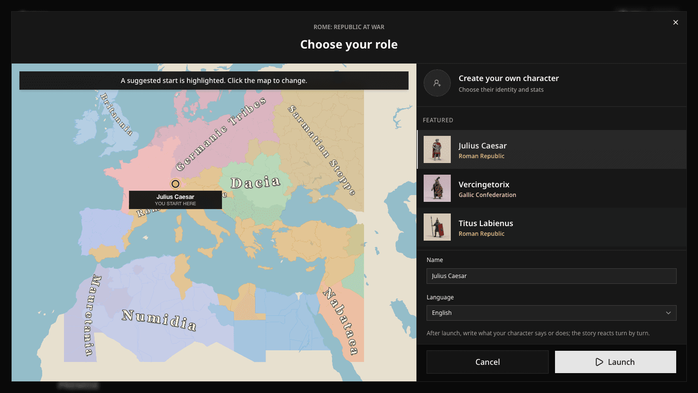 Rome role selection showing the custom character option, featured roles, territorial allegiances, and launch settings