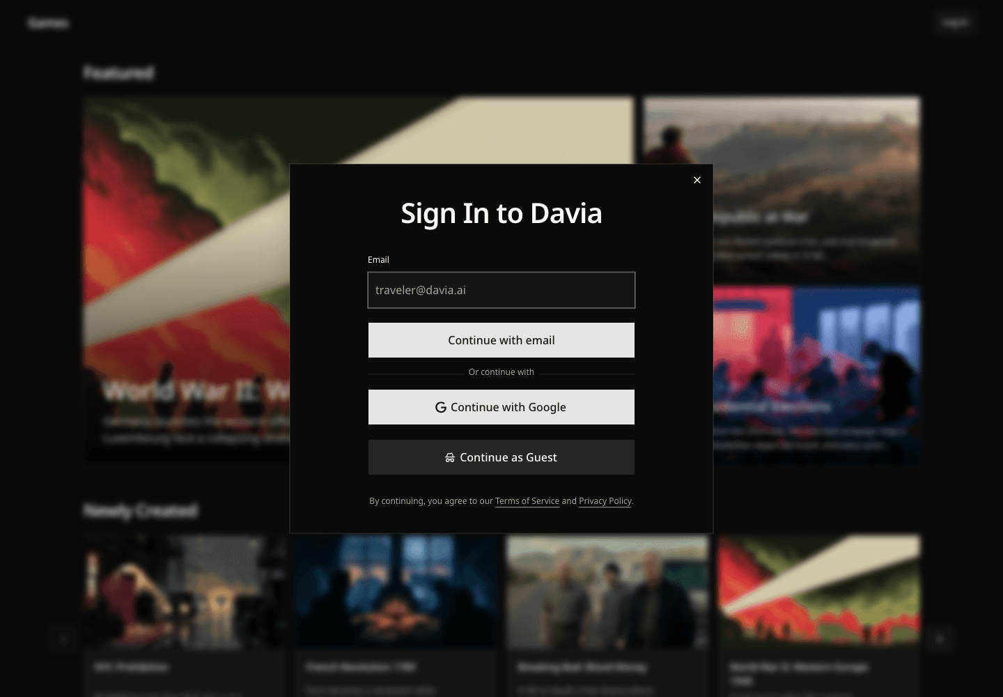 Davia email sign-in dialog