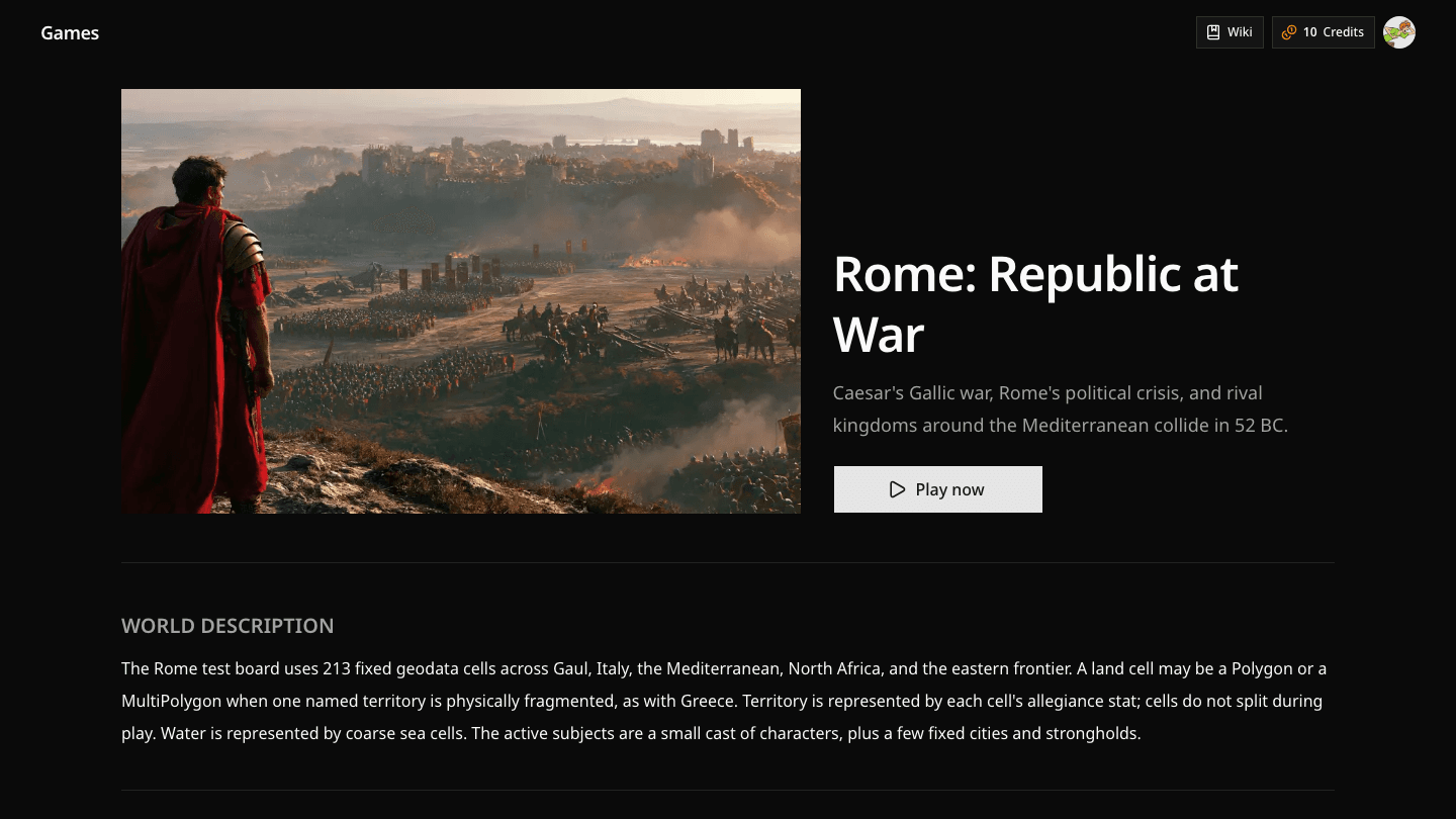 Rome: Republic at War game page with the Play now button