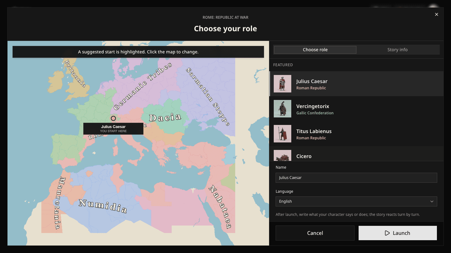 Rome role selection showing colored territorial allegiances, character roles, and launch settings