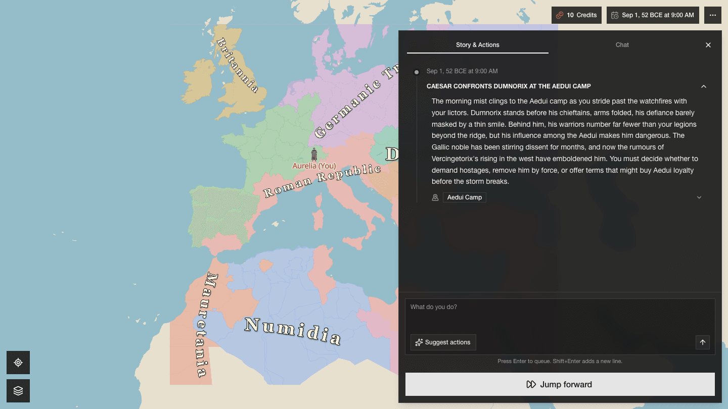 A new Rome playthrough showing the journal, player position, and colored territorial allegiances