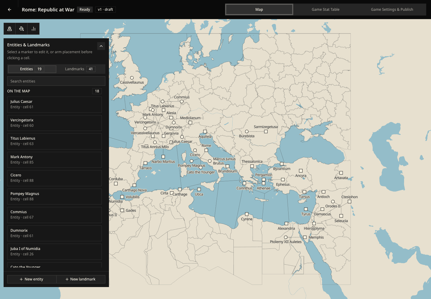 The Rome Creation Hub showing its three main views and Map tools