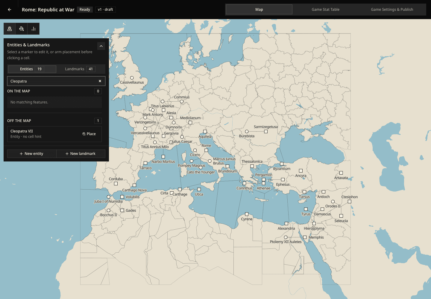 The Rome Entities and Landmarks panel separating characters and places on the map from those waiting off the map