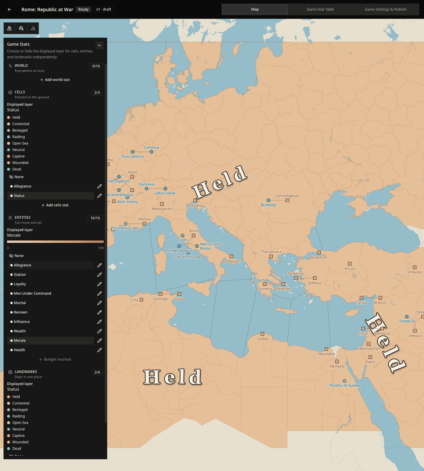 The Rome Game Stats panel showing independent displayed layers for cells, entities, and landmarks