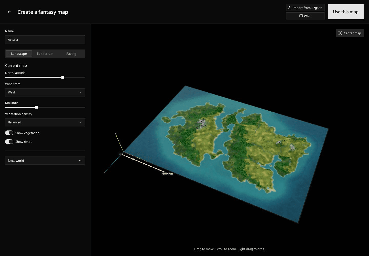 The fantasy workshop showing Asteria's islands, landscape controls, and Use this map button