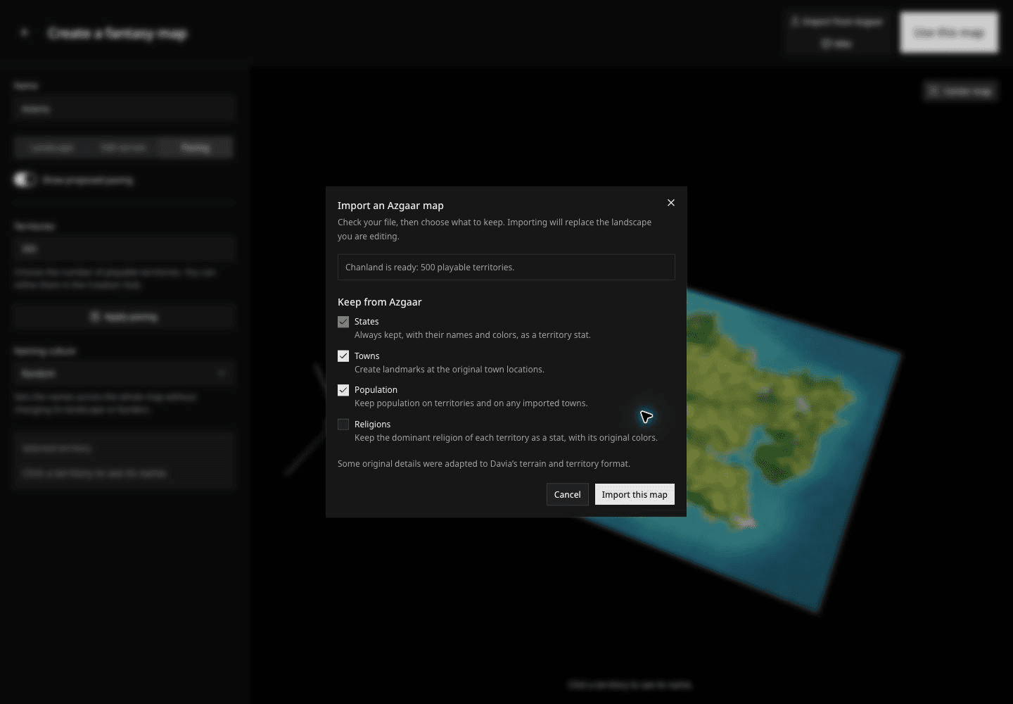 A checked Azgaar map with States always selected and optional Towns, Population, and Religions