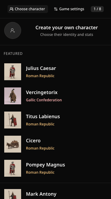 Rome room character list with Julius Caesar, Vercingetorix, and other available roles