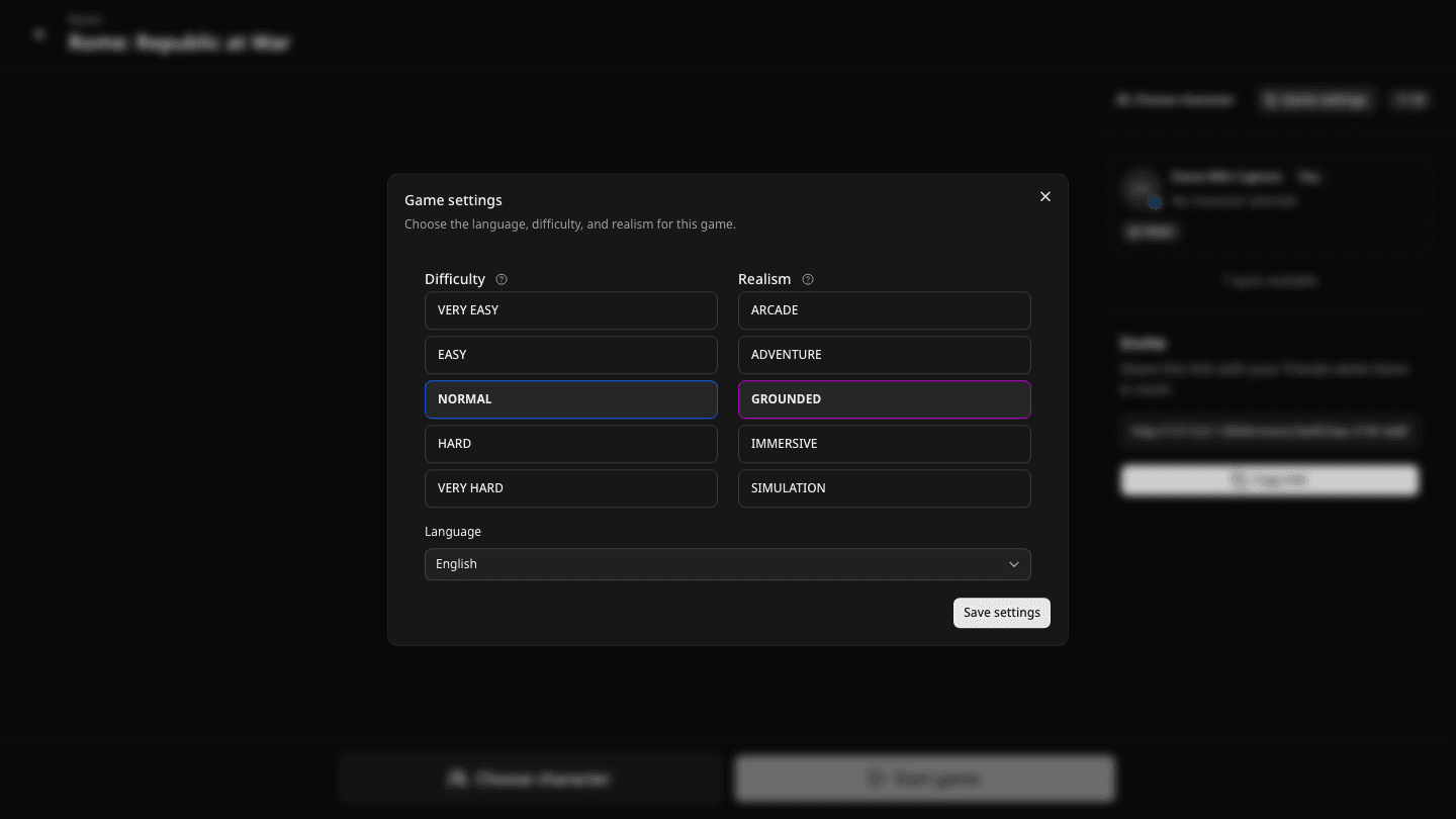 Multiplayer Game settings dialog with difficulty, realism, and language controls