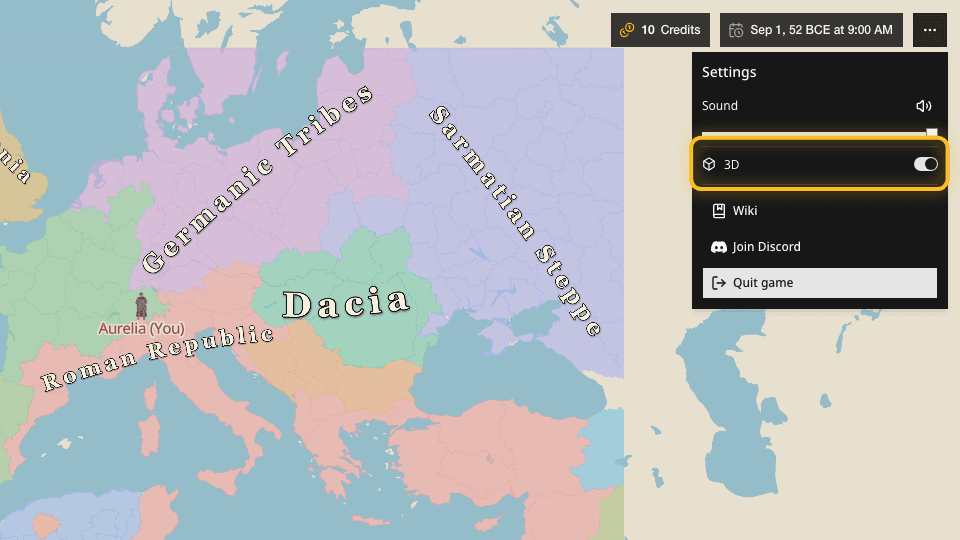 Rome's Settings panel with the 3D map option enabled