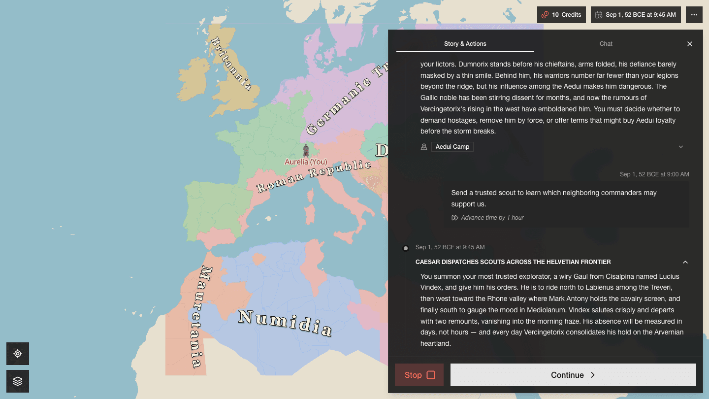 A Rome turn showing a scout mission and its consequences beside the colored allegiance map