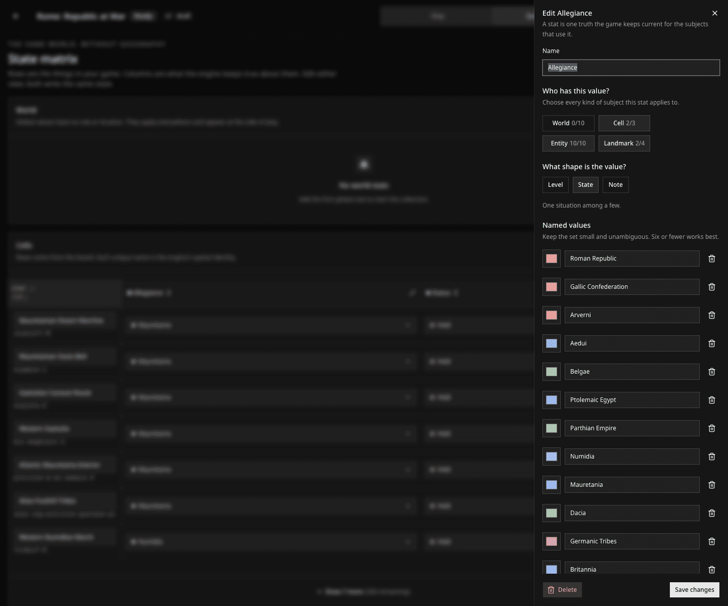 The Allegiance stat editor showing Cells, Entities, and Landmarks selected with colors for each named value